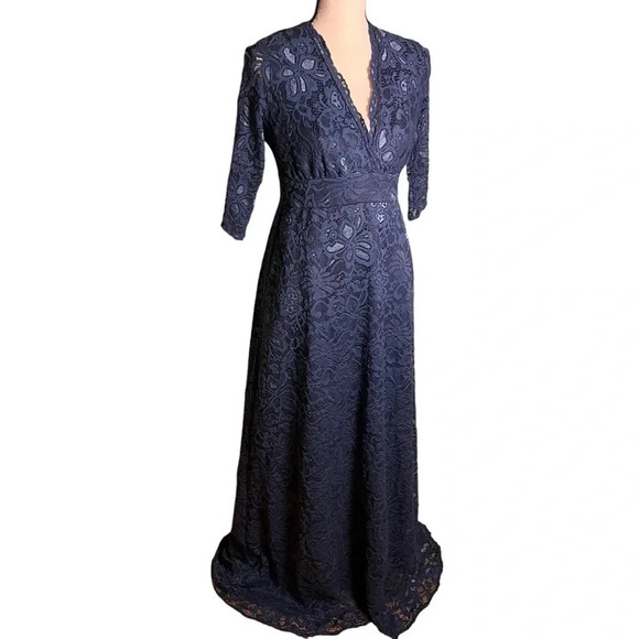 Kiyonna Maria Womens Navy Lace Evening Gown 3/4 Sleeve Scallop Full Length S - Picture 7 of 13